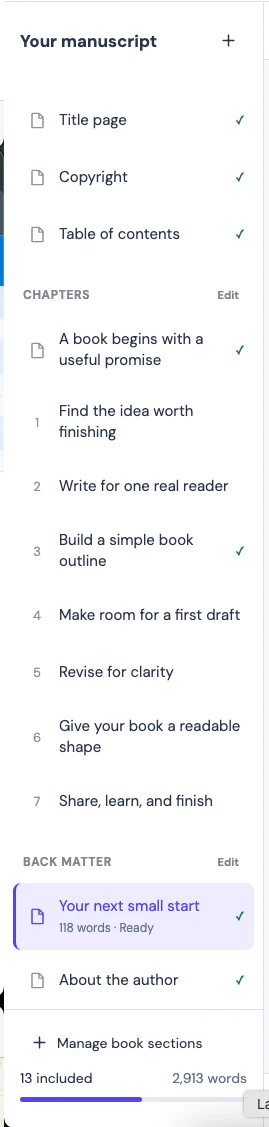 Manuscript sidebar listing chapters and book sections