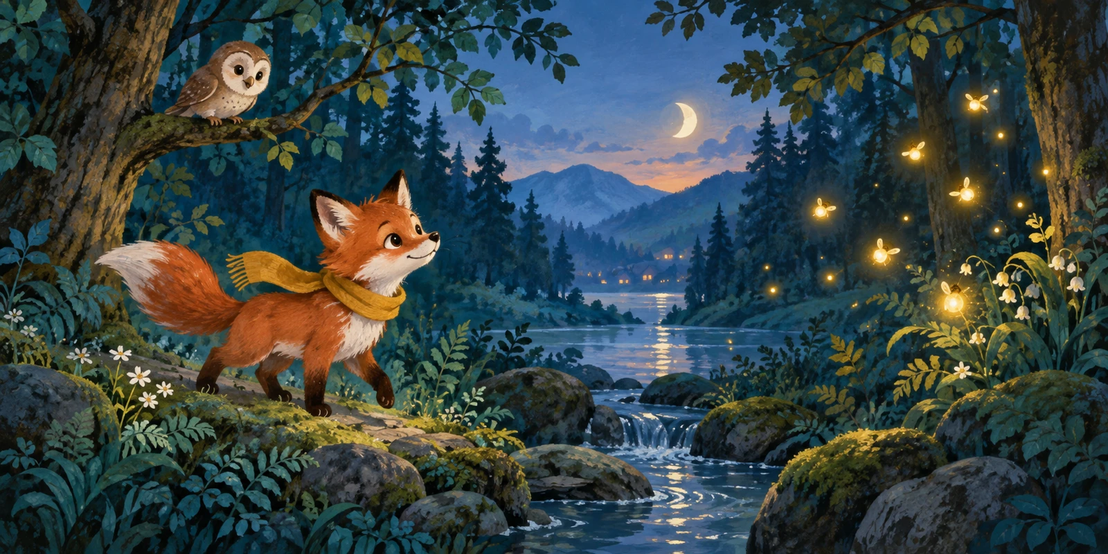 Children’s storybook sample: a fox and owl in a forest of fireflies