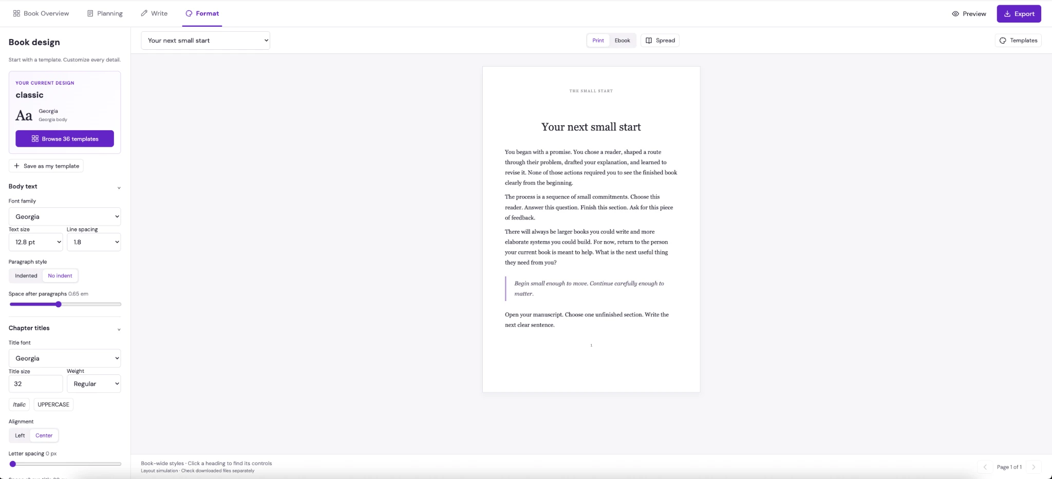 Actual formatting workspace showing whole-book font controls and a centered manuscript page