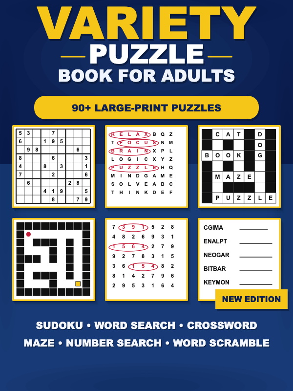 Variety Puzzle Book for Adults cover template preview